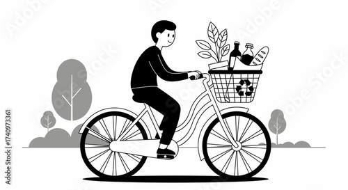 Eco friendly person riding a bicycle with a basket for recycling.