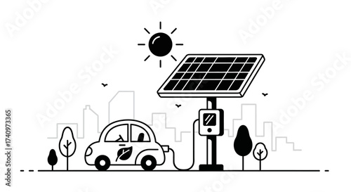 Electric car charging with renewable solar panel energy station.