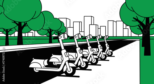 Electric scooters parked in a row ready for urban transportation and travel.