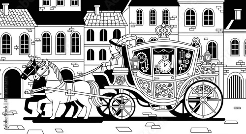 Elaborate Horse-Drawn Carriage with Intricate Details in a Cityscape.