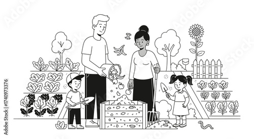 Family composting together in a garden setting.