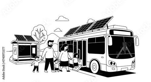 Family boarding a solar powered bus at a bus stop.