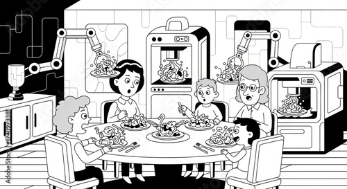 Family enjoying a meal prepared by futuristic 3D printers.