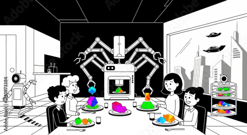 Family enjoys a futuristic meal prepared by a robotic 3D food printer.
