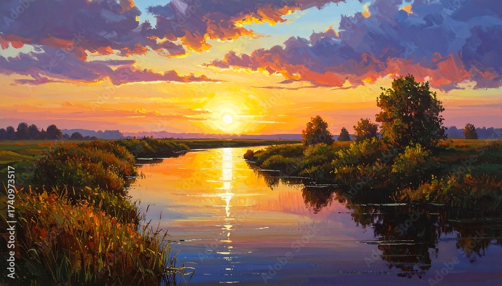 Obraz premium A serene waterscape at sunset. Golden sunlight reflects on the water, illuminating the sky and landscape. Lush vegetation and trees frame the scene