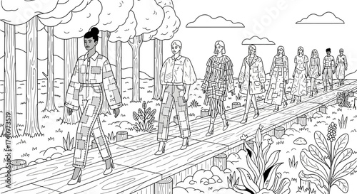 Fashion models walking on a wooden path through the forest.
