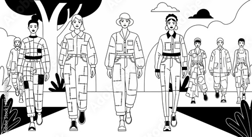 Fashionable models showcasing unique patchwork clothing designs on a runway.