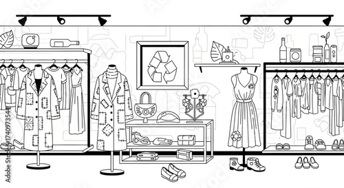 Fashionable clothing store interior with various garments and accessories.