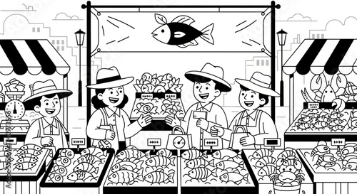Fish market scene with vendors selling fresh seafood products.