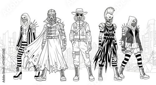 Five Post Apocalyptic Characters Standing Together in a Line.
