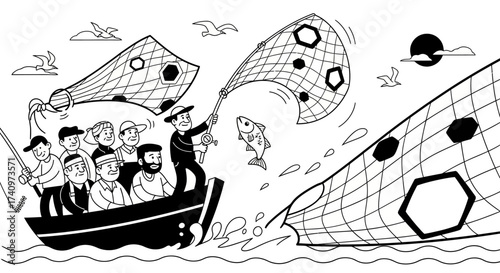 Fishermen on a boat catching a giant fish with a net.