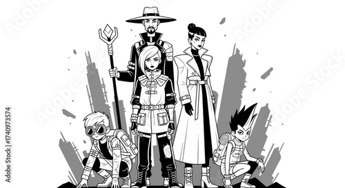 Five stylized characters in a group portrait, black and white illustration.