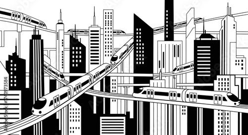 Futuristic Cityscape with Elevated Trains in Black and White.