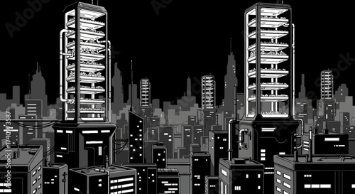 Futuristic city skyline with tall buildings and advanced technology.