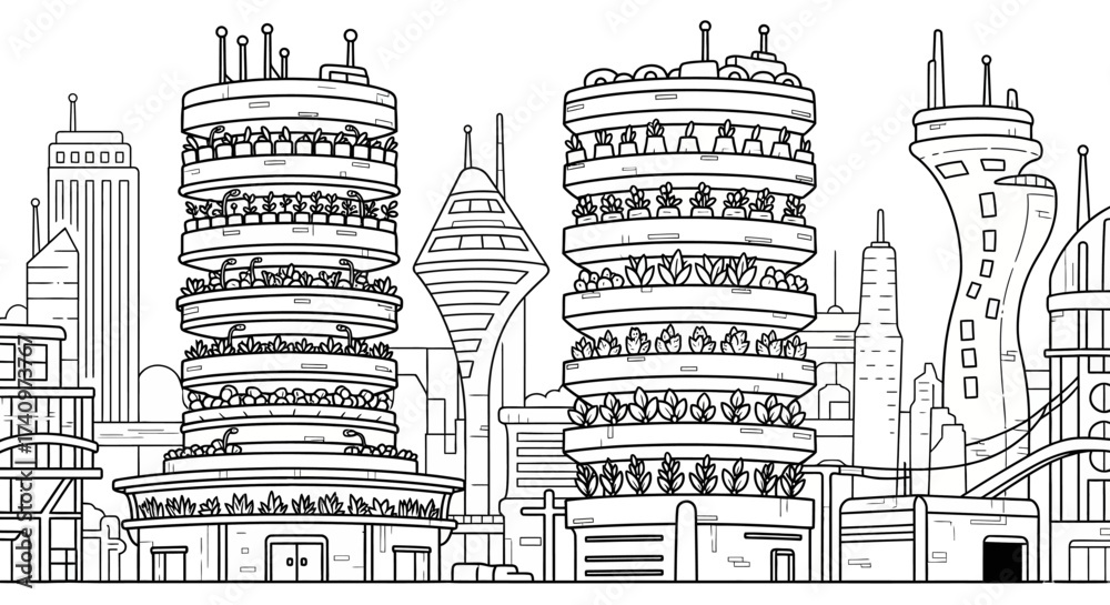 Fototapeta premium Futuristic city skyline with towering circular buildings and unique architecture.