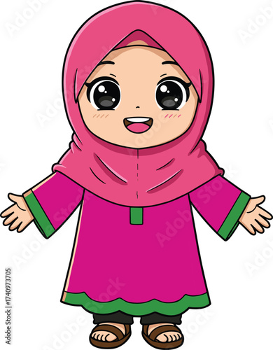 Adorable Muslim girl in yellow dress and pink hijab smiling, cute cartoon Islamic character, traditional modest clothing, children illustration design