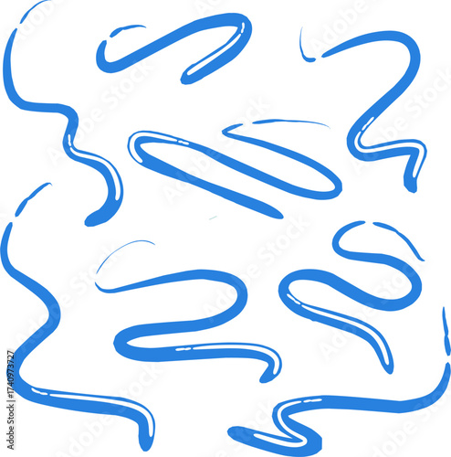Minimalist abstract blue wavy line pattern with water-like motion effect, hand-drawn brush stroke design symbolizing fluid movement, creativity, and calmness in modern vector art.