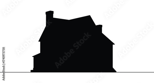 Silhouette of a classic multi-story house with chimney and windows on a plain background