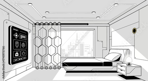 Futuristic Bedroom Interior Design with Smart Home Technology Interface.