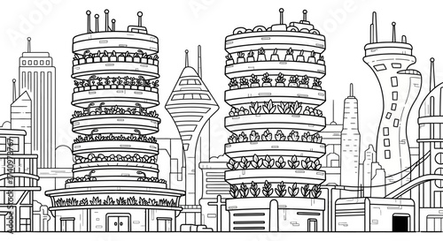 Futuristic city skyline with towering circular buildings and unique architecture.