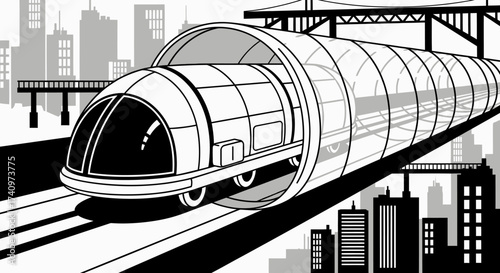 Futuristic high speed train traveling through a transparent tube.