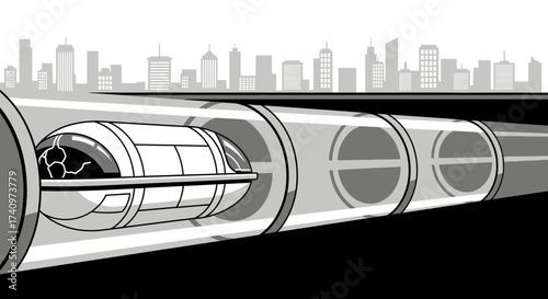 Futuristic Hyperloop Transportation System with Pod in Underground Tunnel.