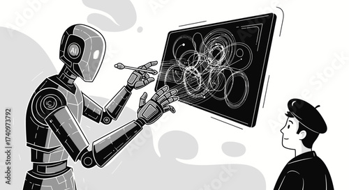 Futuristic Robot Creating Digital Art for a Human Artist.