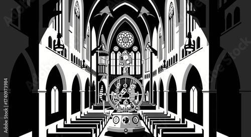 Gothic cathedral interior with intricate architectural details and stained glass windows.