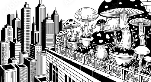 Giant mushrooms growing on a rooftop garden in the city.