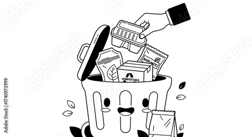 Hand Discarding Waste into a Kawaii Trash Can Illustration.