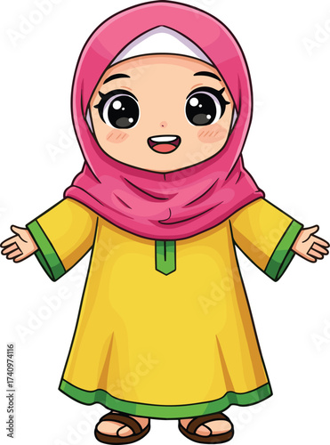 Cute Muslim girl in yellow dress and pink hijab smiling, cartoon Islamic character, adorable child illustration for education, Ramadan design