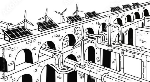 Historic Aqueduct Integrated with Modern Solar and Wind Power.