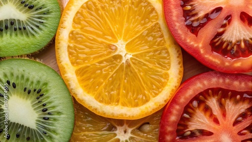 Macro photography of fruit cross-sections — kiwi, orange, tomato, and red pepper revealing intricate patterns and vibrant hues.