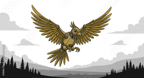Majestic golden bird soaring through the sky with outstretched wings.
