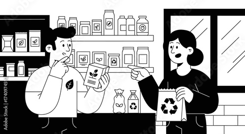Man and woman discussing eco-friendly products in a store.