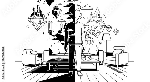 Man divided into light and dark halves symbolizing duality.