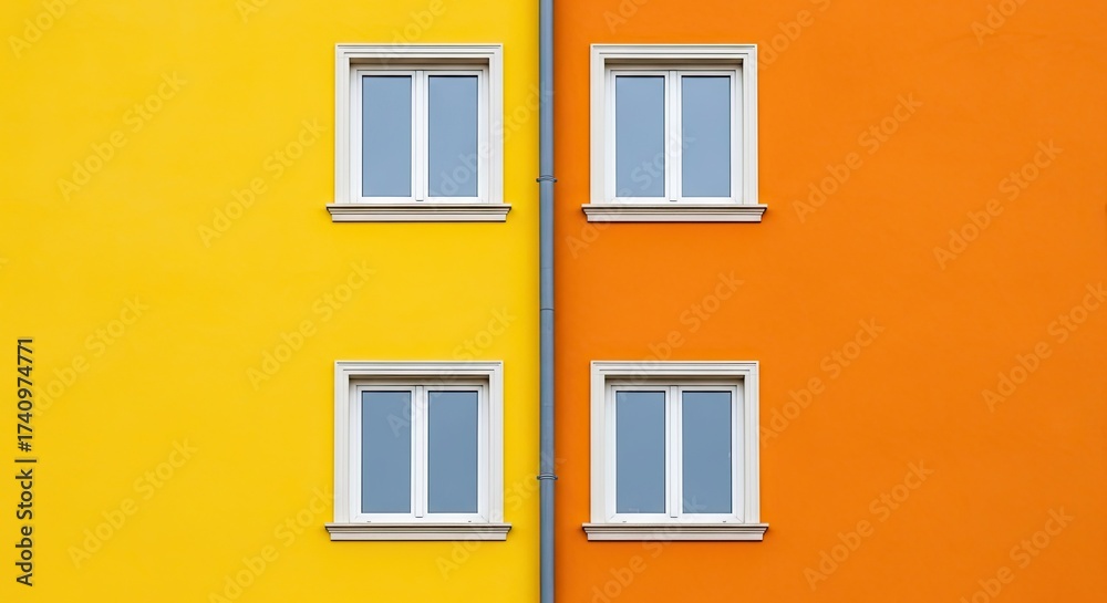 Obraz premium Vibrant building facade with contrasting yellow and orange walls and windows
