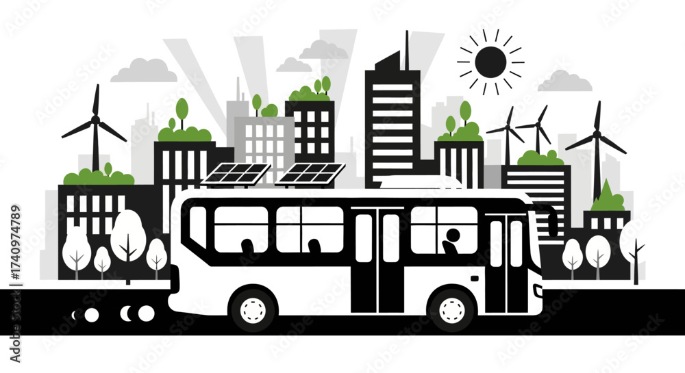 Obraz premium Modern white public transport bus with solar panels.
