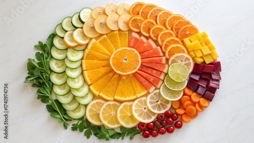 Abstract art composition made from sliced fruits and vegetables forming a color wheel symbolizing health and balance.
