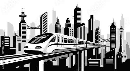 Modern high speed train travels through futuristic cityscape on elevated tracks.
