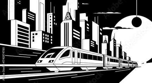 Modern Train in Urban Landscape - A Black and White Illustration.