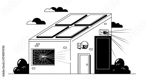 Modern House with Solar Panels and Security System Illustration.