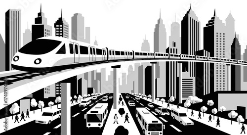 Modern Monorail Train Traveling Through a Futuristic Cityscape.