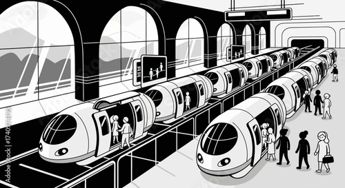 Modern train station with multiple trains and passengers waiting.
