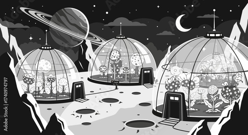 Monochrome Illustration of a Futuristic Space Colony with Plant Biodomes.