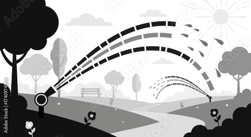 Monochrome illustration of automatic sprinklers watering a park lawn.