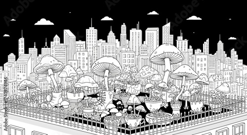 Mushrooms on rooftop garden with city skyline in background.