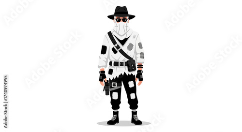 Mysterious character in a white and black futuristic outfit.