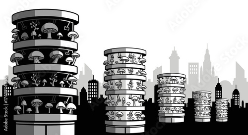 Mushroom towers stand tall, a unique architectural marvel, a fungal fantasy, a whimsical design.