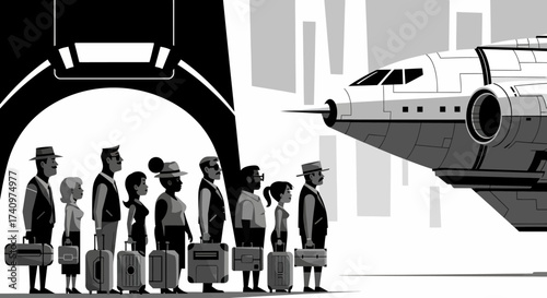 Passengers Boarding a Futuristic Aircraft for Interstellar Travel.